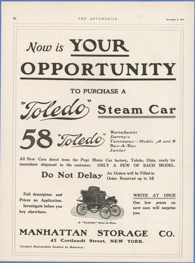 Toledo Steam Carriage, Manhattan Storage Company, December 5, 1903, Automibile Magazine, p. 70, Conde Collection